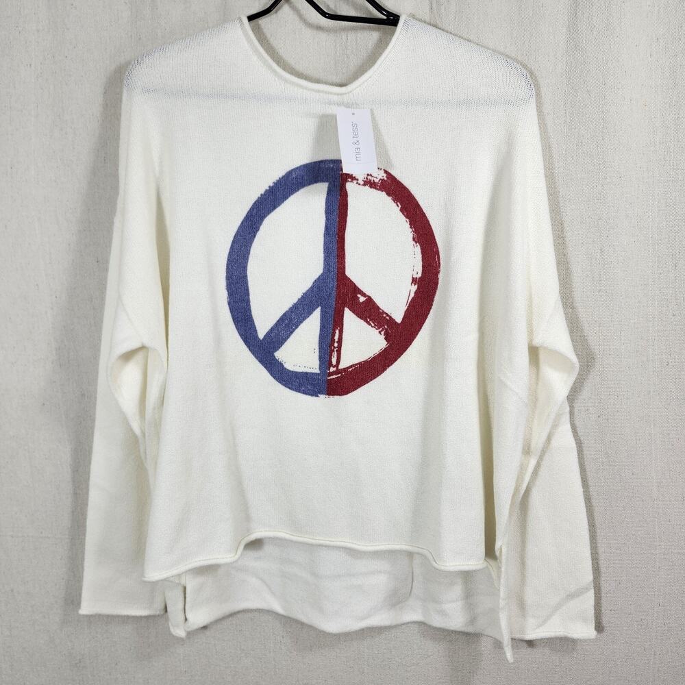 Mia & Tess High-Low Pullover Painted Peace Sign On Cream Colored Backdrop Med